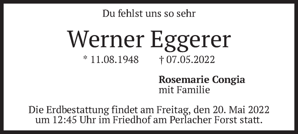  Traueranzeige für Werner Eggerer vom 14.05.2022 aus merkurtz