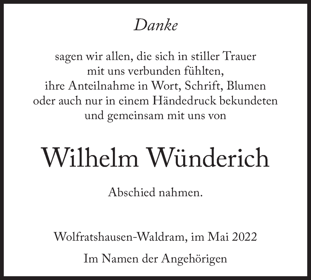  Traueranzeige für Wilhelm Wünderich vom 28.05.2022 aus merkurtz