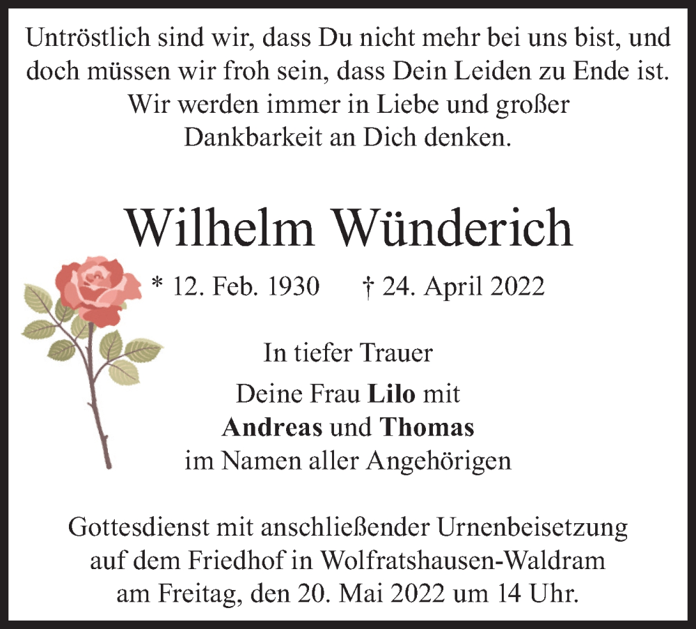  Traueranzeige für Wilhelm Wünderich vom 18.05.2022 aus merkurtz