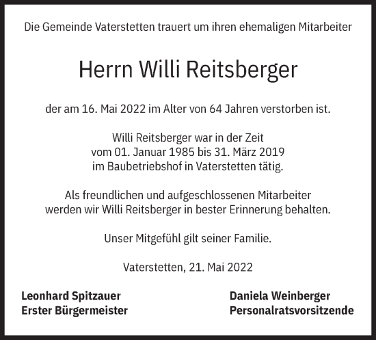 Traueranzeige von Willi Reitsberger von merkurtz