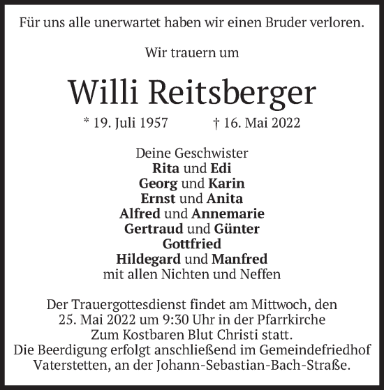 Traueranzeige von Willi Reitsberger von merkurtz