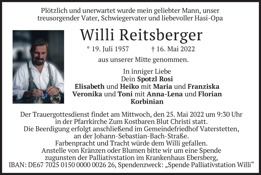  Traueranzeige für Willi Reitsberger vom 20.05.2022 aus merkurtz