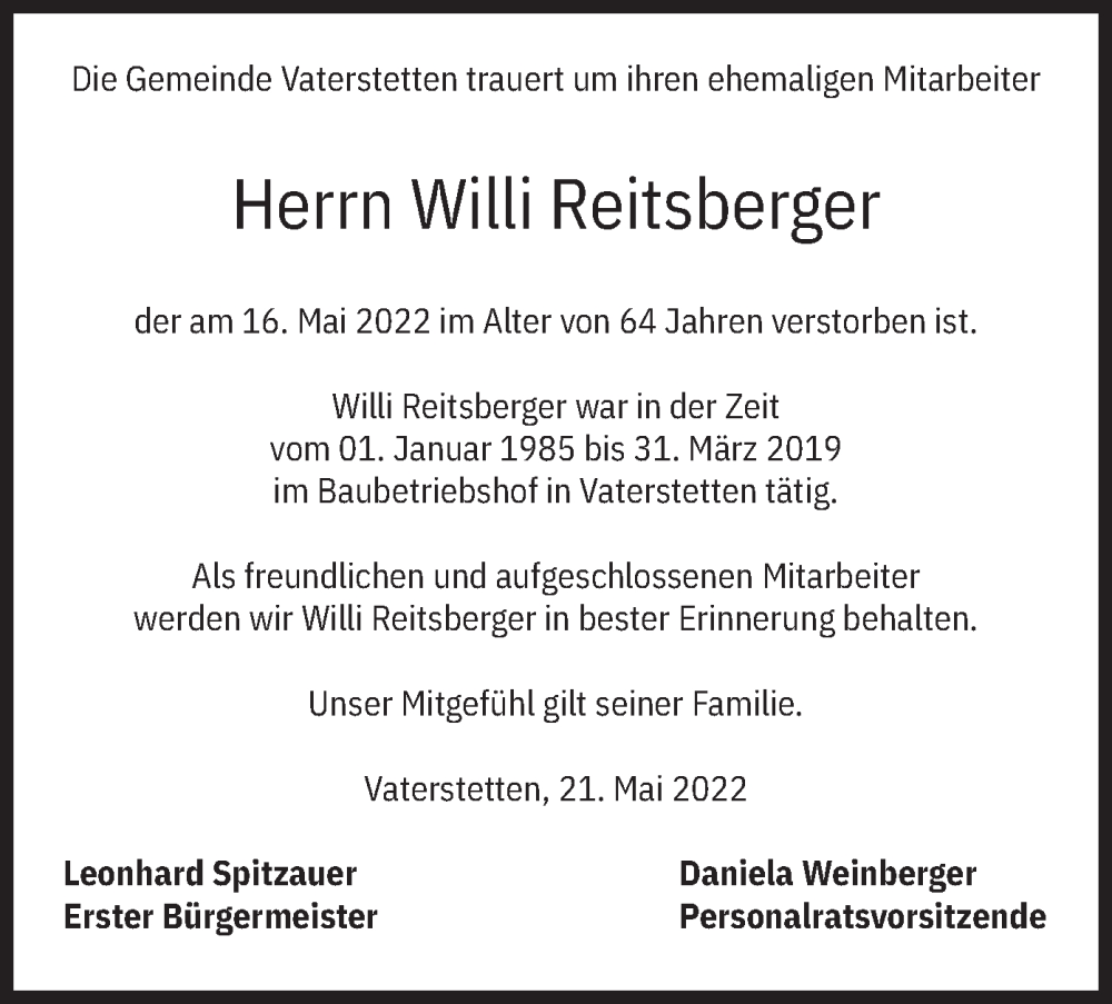  Traueranzeige für Willi Reitsberger vom 21.05.2022 aus merkurtz