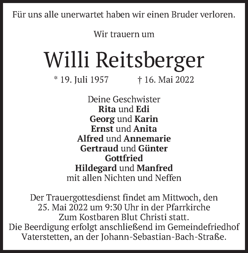  Traueranzeige für Willi Reitsberger vom 20.05.2022 aus merkurtz