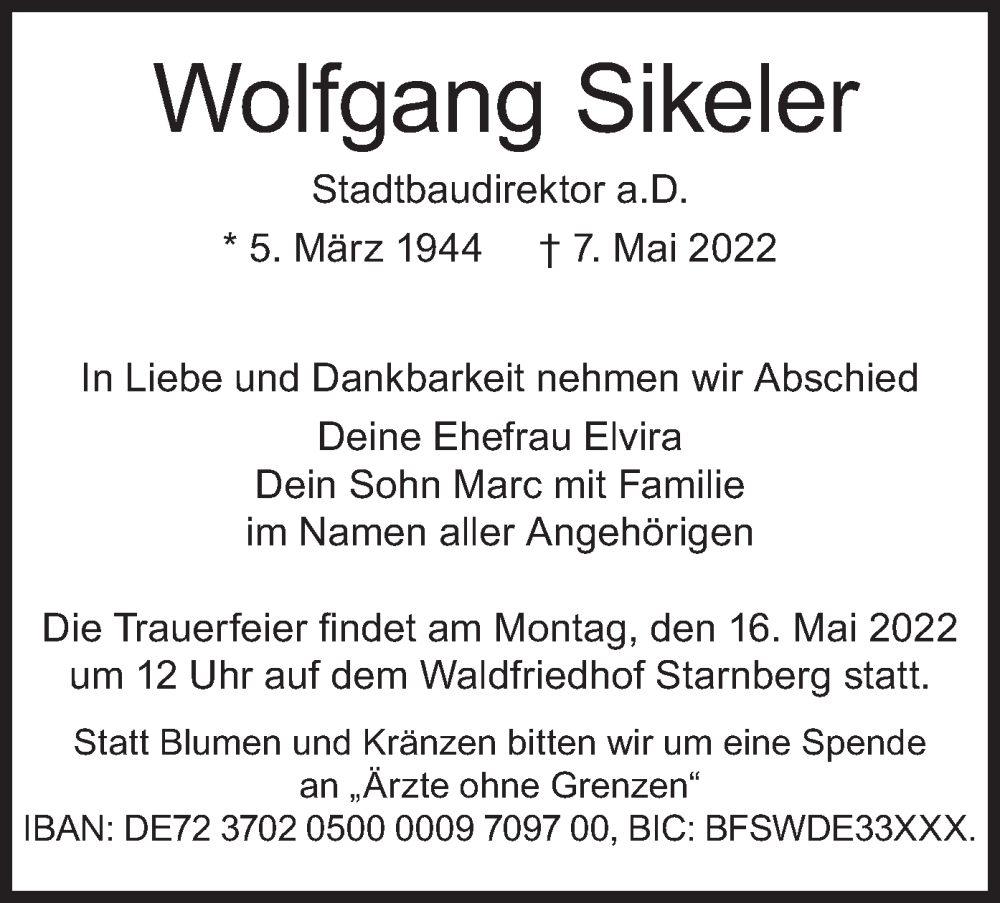  Traueranzeige für Wolfgang Sikeler vom 14.05.2022 aus merkurtz