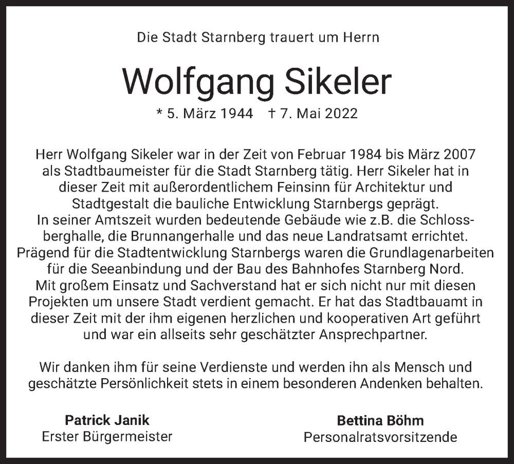  Traueranzeige für Wolfgang Sikeler vom 13.05.2022 aus merkurtz