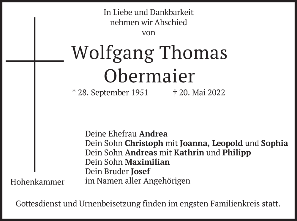  Traueranzeige für Wolfgang Thomas Obermaier vom 25.05.2022 aus merkurtz