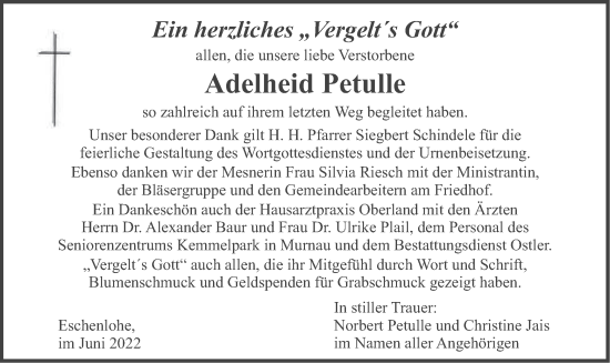 Traueranzeige von Adelheid Petulle von merkurtz