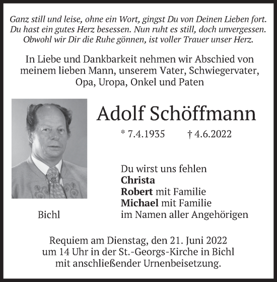 Traueranzeige von Adolf Schöffmann von merkurtz