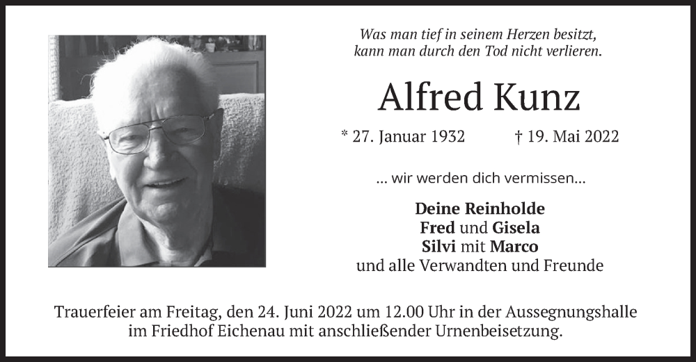  Traueranzeige für Alfred Kunz vom 21.06.2022 aus merkurtz