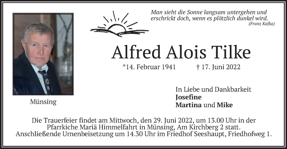 Traueranzeige für Alfred Alois Tilke vom 28.06.2022 aus merkurtz