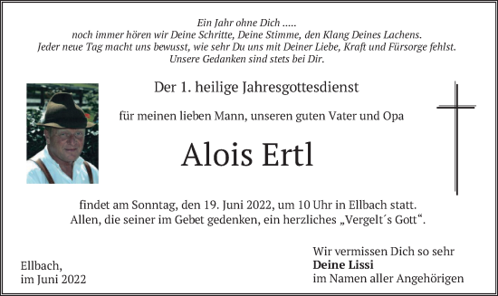 Traueranzeige von Alois Ertl von merkurtz