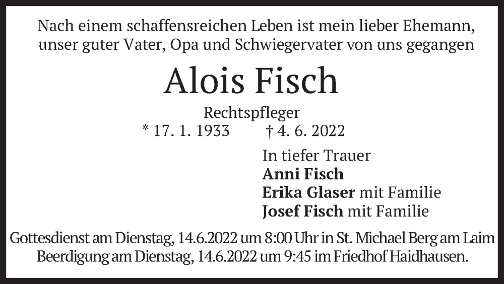  Traueranzeige für Alois Fisch vom 11.06.2022 aus merkurtz