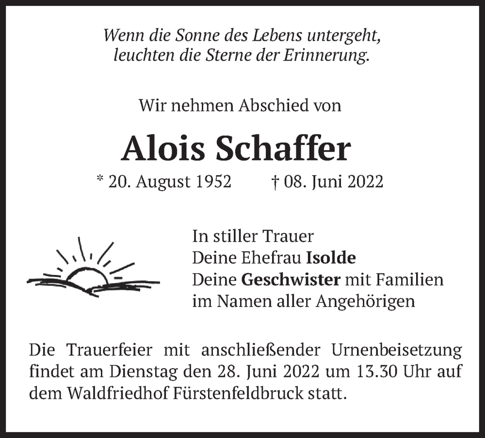  Traueranzeige für Alois Schaffer vom 25.06.2022 aus merkurtz