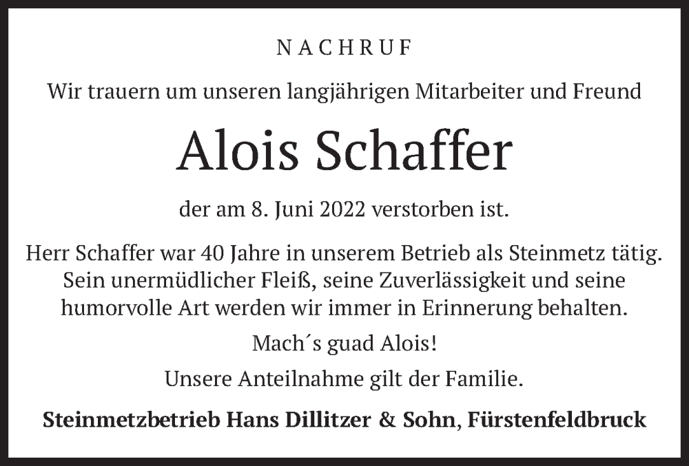  Traueranzeige für Alois Schaffer vom 25.06.2022 aus merkurtz