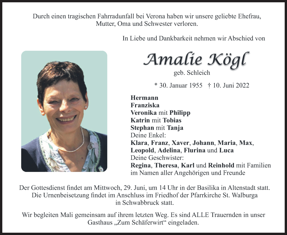  Traueranzeige für Amalie Kögl vom 25.06.2022 aus merkurtz