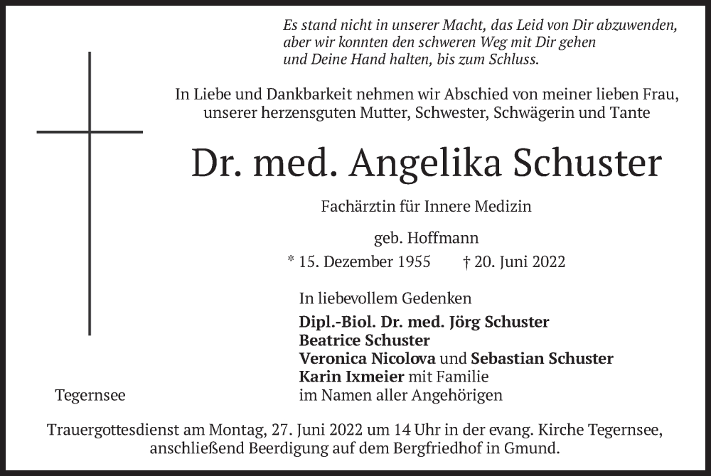  Traueranzeige für Angelika Schuster vom 25.06.2022 aus merkurtz