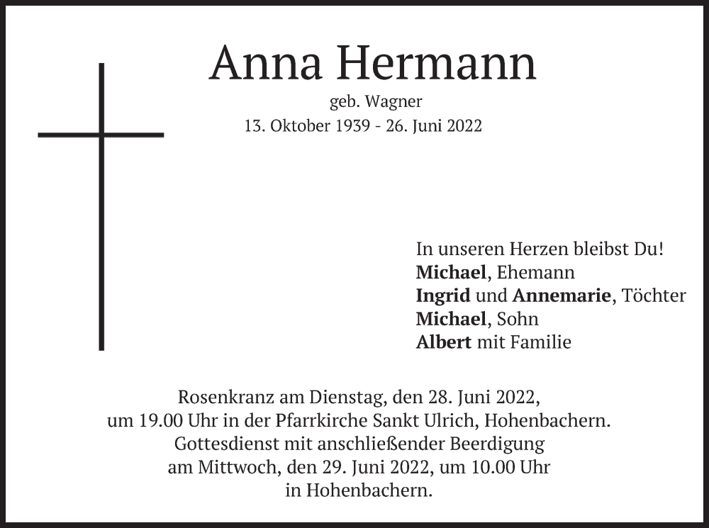  Traueranzeige für Anna Hermann vom 28.06.2022 aus merkurtz