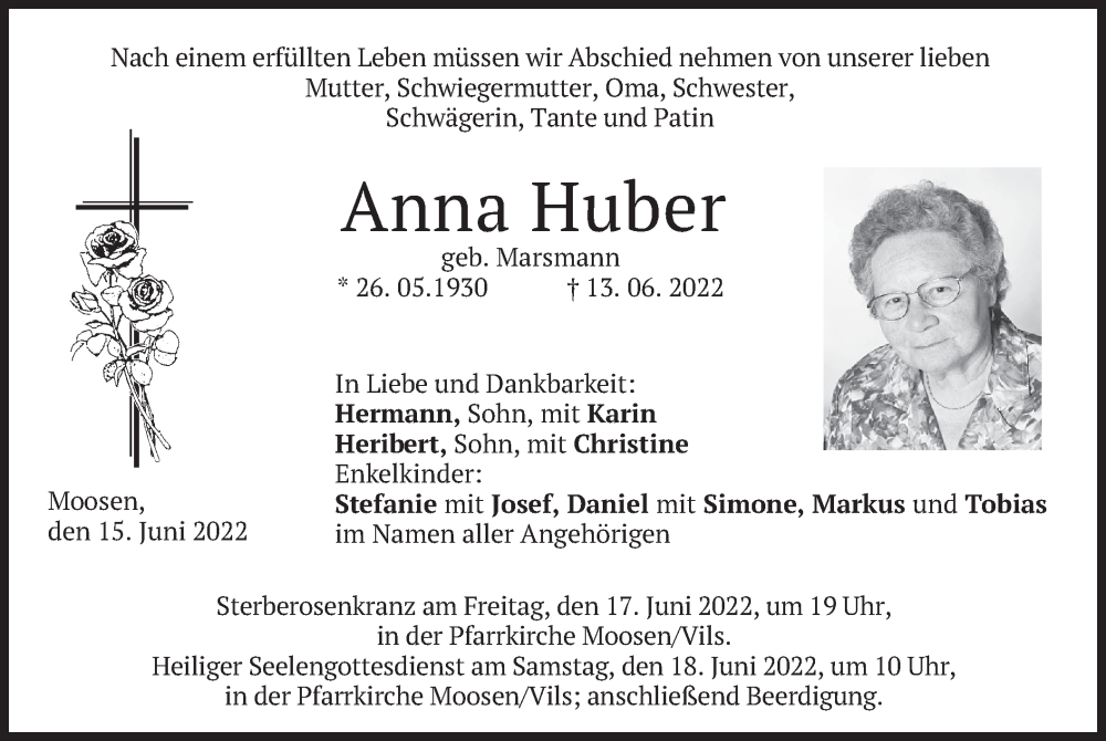  Traueranzeige für Anna Huber vom 15.06.2022 aus merkurtz