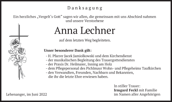 Traueranzeige von Anna Lechner von merkurtz