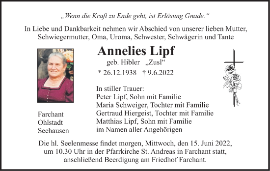 Traueranzeige von Annelies Lipf von merkurtz