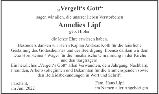Traueranzeige von Annelies Lipf von merkurtz