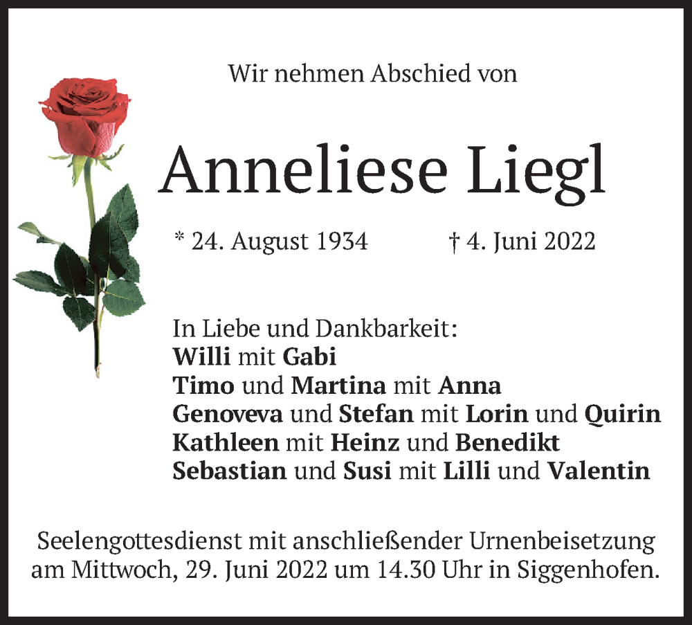  Traueranzeige für Anneliese Liegl vom 18.06.2022 aus merkurtz