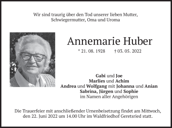 Traueranzeige von Annemarie Huber von merkurtz