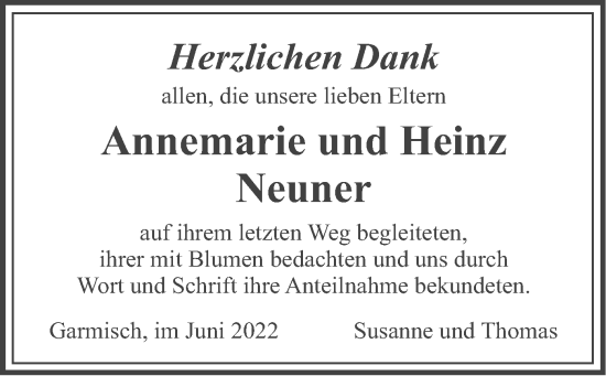 Traueranzeige von Annemarie und Heinz Neuner