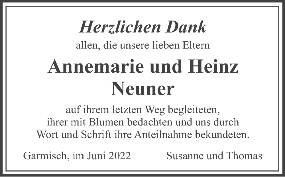  Traueranzeige für Annemarie und Heinz Neuner vom 04.06.2022 aus merkurtz