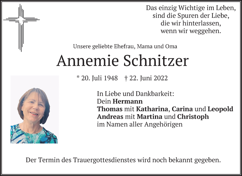  Traueranzeige für Annemie Schnitzer vom 29.06.2022 aus merkurtz
