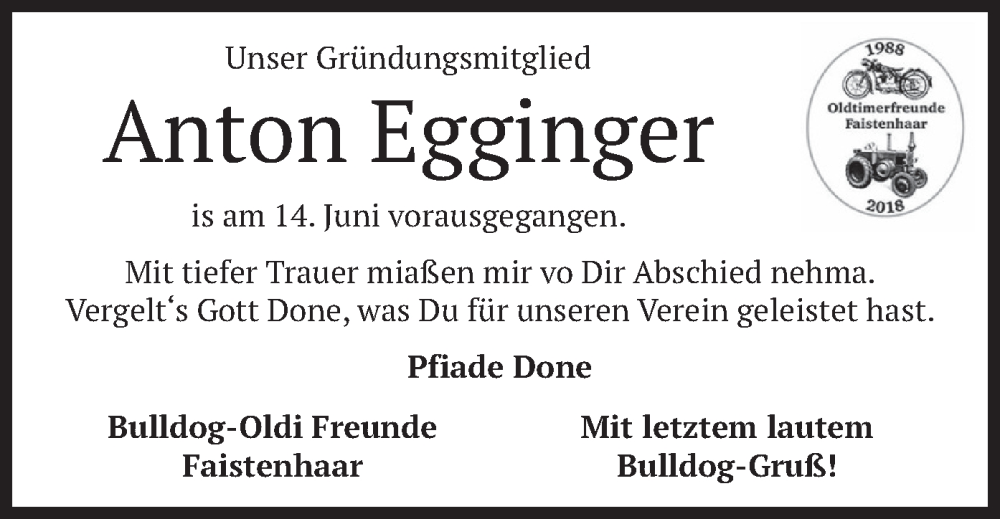  Traueranzeige für Anton Egginger vom 24.06.2022 aus merkurtz