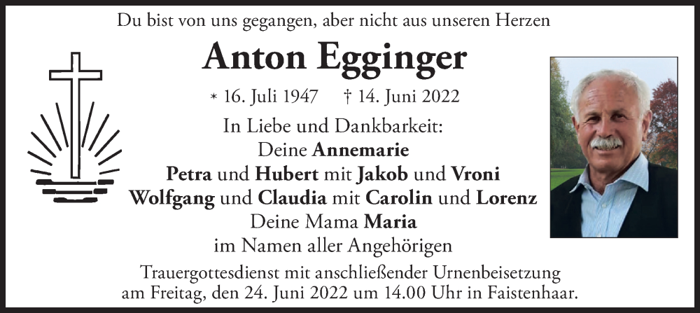  Traueranzeige für Anton Egginger vom 22.06.2022 aus merkurtz