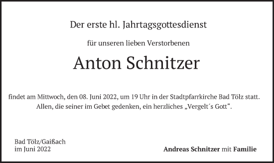 Traueranzeige von Anton Schnitzer von merkurtz