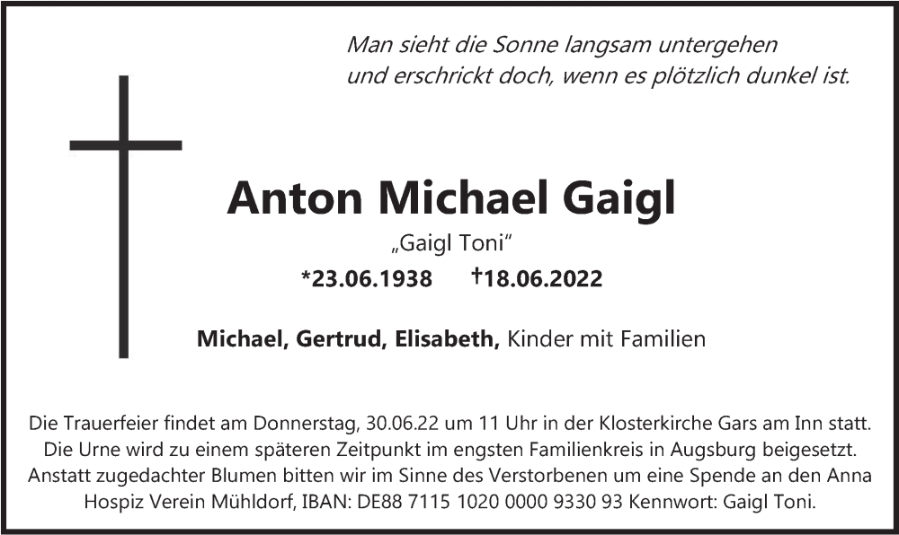  Traueranzeige für Anton Michael Gaigl vom 27.06.2022 aus merkurtz