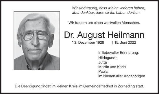Traueranzeige von August Heilmann von merkurtz