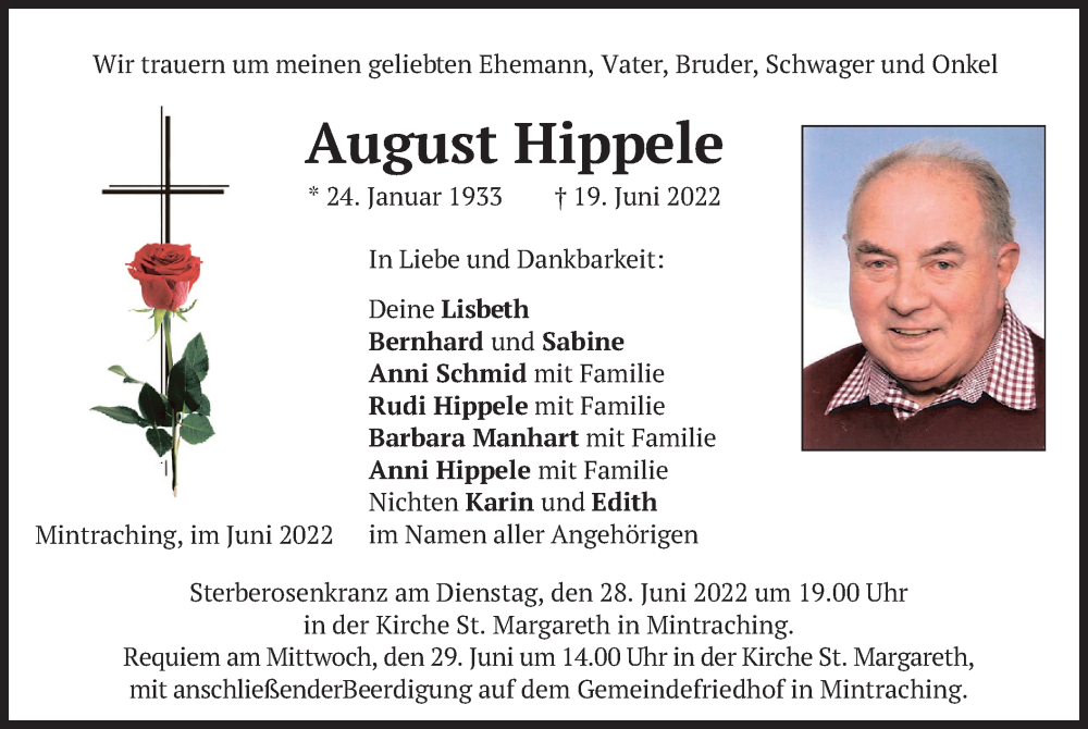  Traueranzeige für August Hippele vom 25.06.2022 aus merkurtz
