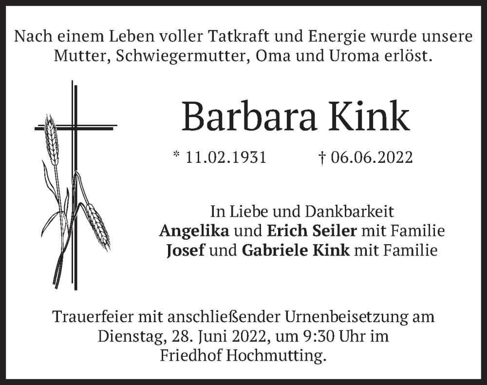  Traueranzeige für Barbara Kink vom 20.06.2022 aus merkurtz