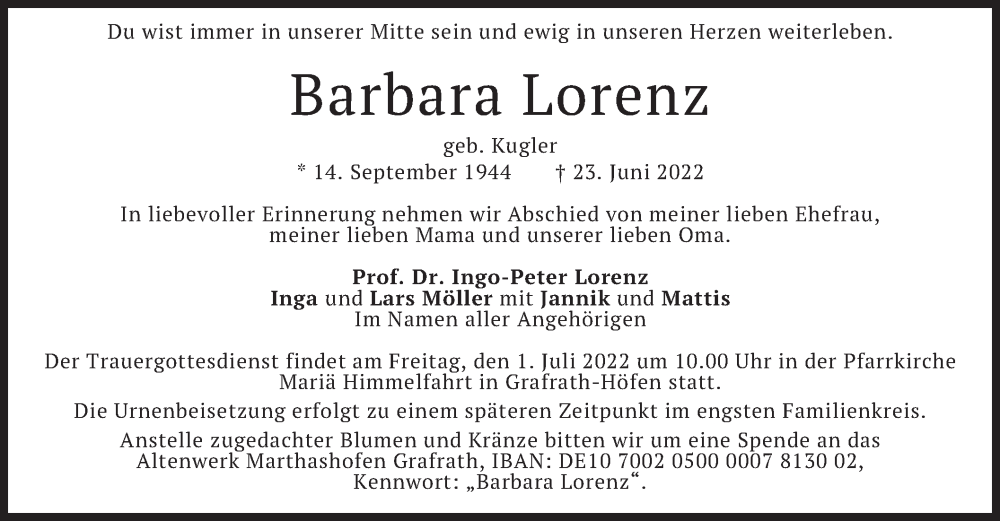  Traueranzeige für Barbara Lorenz vom 28.06.2022 aus merkurtz