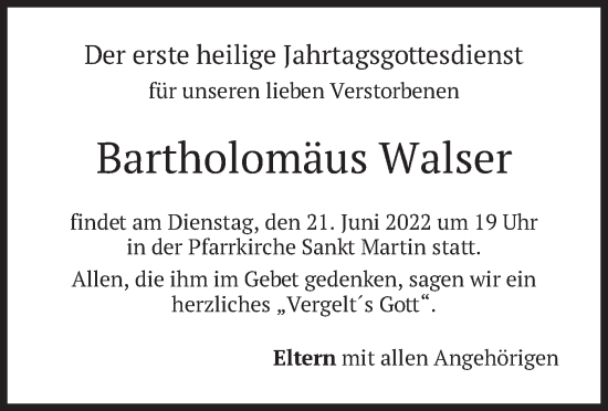 Traueranzeige von Bartholomäus Walser von merkurtz