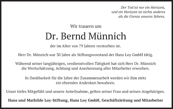 Traueranzeige von Bernd Münnich von merkurtz