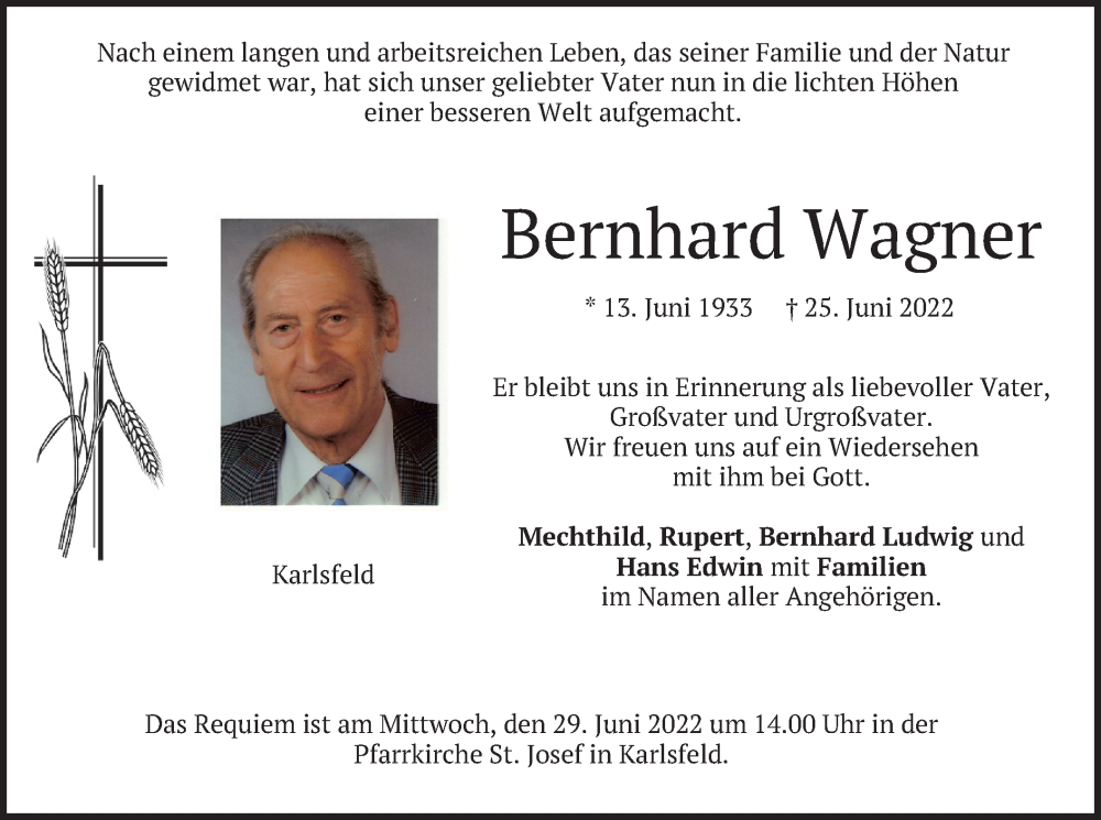  Traueranzeige für Bernhard Wagner vom 28.06.2022 aus merkurtz