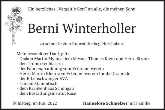 Traueranzeige von Berni Winterholler von merkurtz