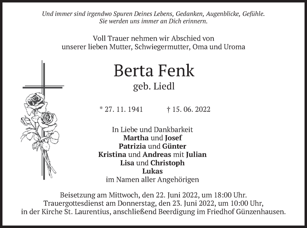  Traueranzeige für Berta Fenk vom 18.06.2022 aus merkurtz