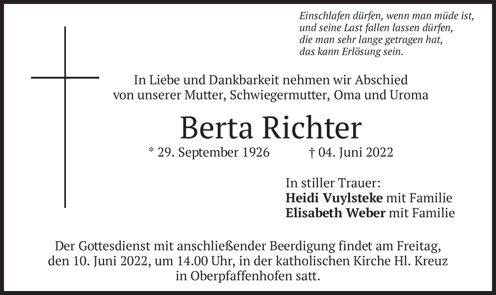  Traueranzeige für Berta Richter vom 08.06.2022 aus merkurtz