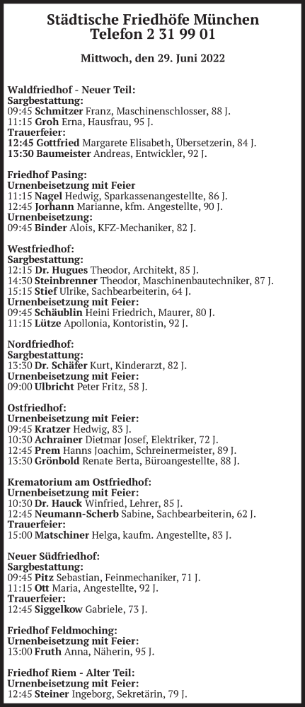 Traueranzeige von Bestattungen vom 29.06.2022 von merkurtz