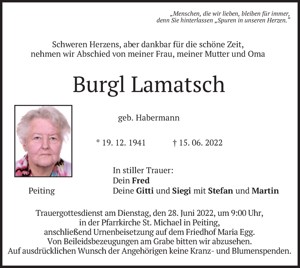  Traueranzeige für Burgl Lamatsch vom 25.06.2022 aus merkurtz