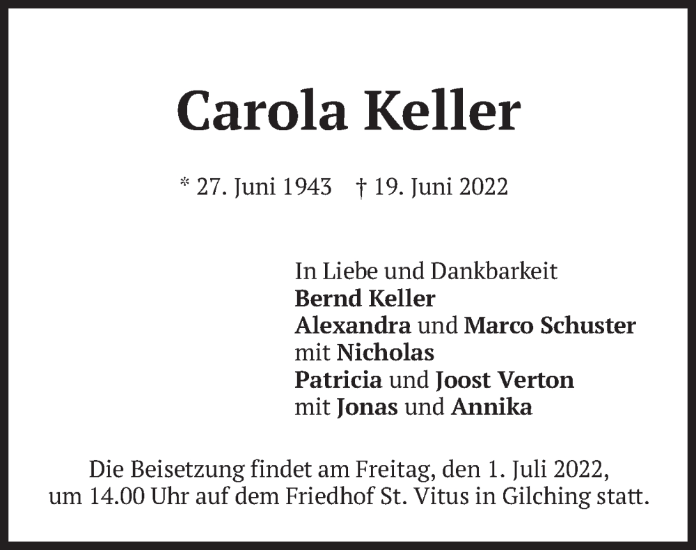  Traueranzeige für Carola Keller vom 25.06.2022 aus merkurtz