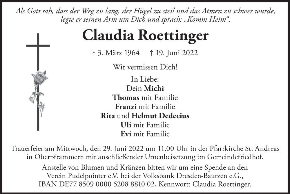  Traueranzeige für Claudia Roettinger vom 25.06.2022 aus merkurtz