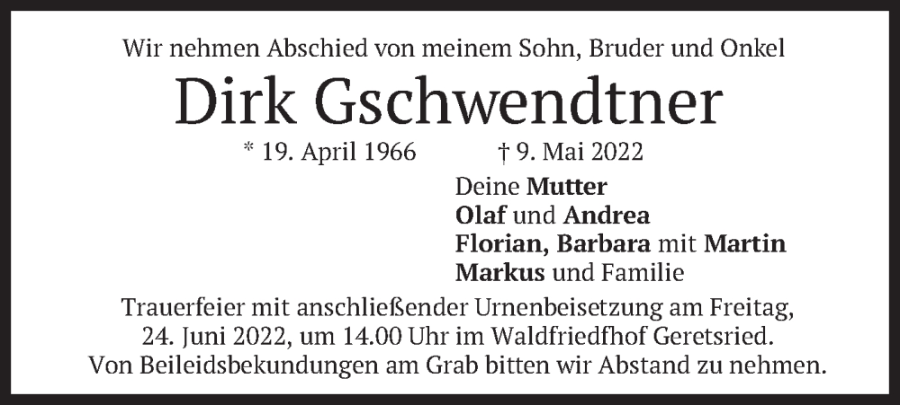  Traueranzeige für Dirk Gschwendtner vom 18.06.2022 aus merkurtz